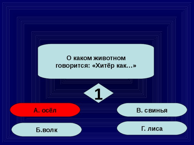 О каком животном говорится: «Хитёр как…» 1 А. осёл В. свинья Г. лиса Б.волк 2