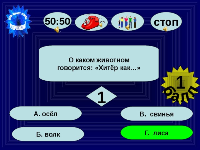 стоп 50:50 О каком животном говорится: «Хитёр как…» 1 1 А. осёл В. свинья Г. лиса Б. волк 6