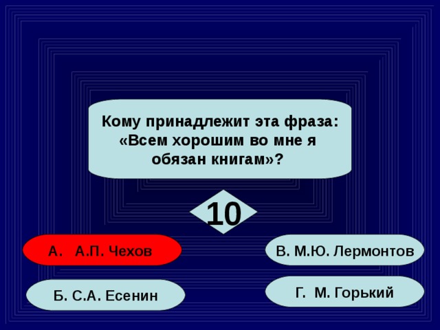 Кому принадлежит эта фраза: «Всем хорошим во мне я обязан книгам»? 10 А. А.П. Чехов В. М.Ю. Лермонтов Г. М. Горький Б. С.А. Есенин