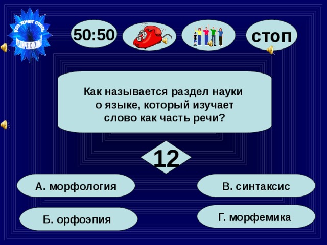 50:50 стоп Как называется раздел науки о языке, который изучает слово как часть речи? 12 В. синтаксис А. морфология Г. морфемика Б. орфоэпия