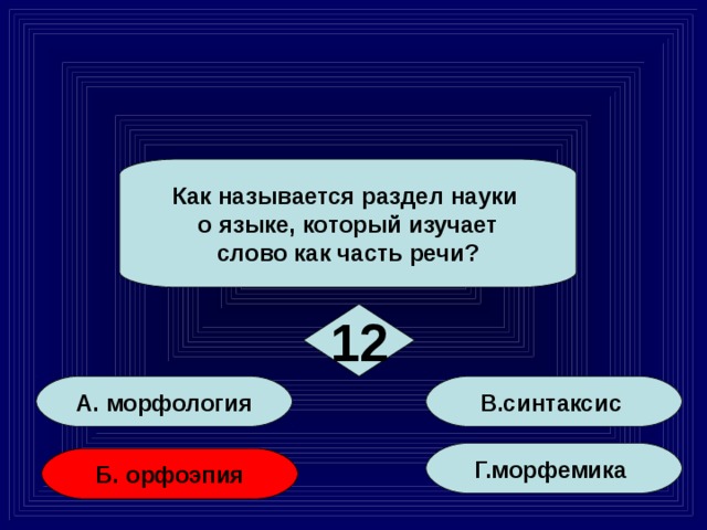 Как называется раздел науки о языке, который изучает слово как часть речи? 12 А. морфология В.синтаксис Г.морфемика Б. орфоэпия 69