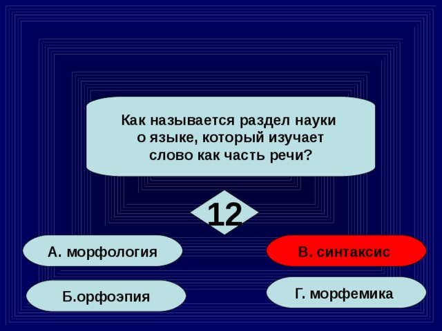 Как называется раздел науки о языке, который изучает слово как часть речи? 12 А. морфология В. синтаксис Г. морфемика Б.орфоэпия 69