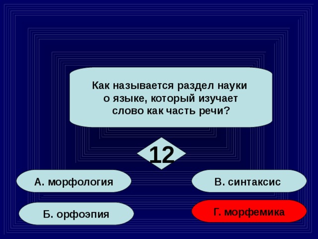 Как называется раздел науки о языке, который изучает слово как часть речи? 12 А. морфология В. синтаксис Г. морфемика Б. орфоэпия 69