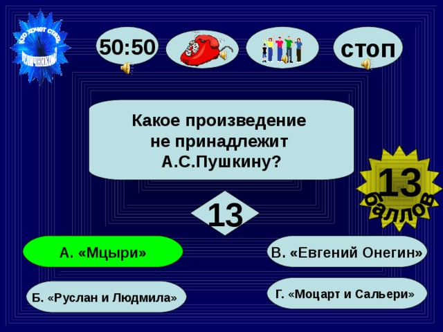 стоп 50:50 Какое произведение не принадлежит А.С.Пушкину? 13 13  В. «Евгений Онегин» А. «Мцыри» Г. «Моцарт и Сальери» Б. «Руслан и Людмила» 75