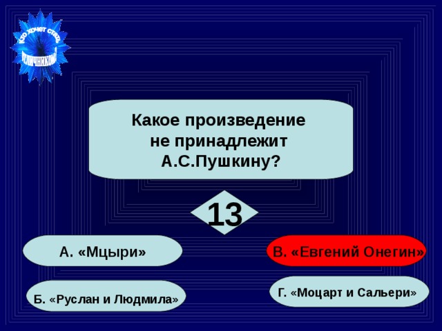 Какое произведение не принадлежит А.С.Пушкину? 13 А. «Мцыри»  В. «Евгений Онегин» Г. «Моцарт и Сальери»  Б. «Руслан и Людмила»