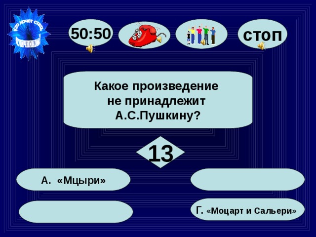 стоп 50:50 Какое произведение не принадлежит А.С.Пушкину? 13 А. «Мцыри» Г. «Моцарт и Сальери» 79