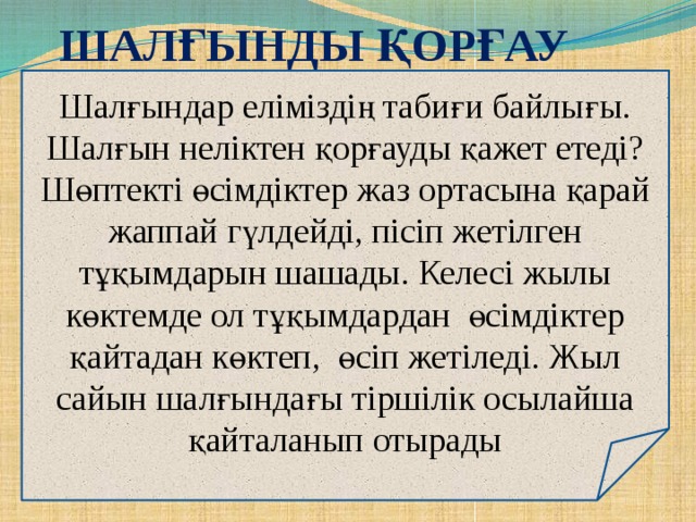 Шалғынды қорғау Шалғындар еліміздің табиғи байлығы. Шалғын неліктен қорғауды қажет етеді? Шөптекті өсімдіктер жаз ортасына қарай жаппай гүлдейді, пісіп жетілген тұқымдарын шашады. Келесі жылы көктемде ол тұқымдардан өсімдіктер қайтадан көктеп, өсіп жетіледі. Жыл сайын шалғындағы тіршілік осылайша қайталанып отырады