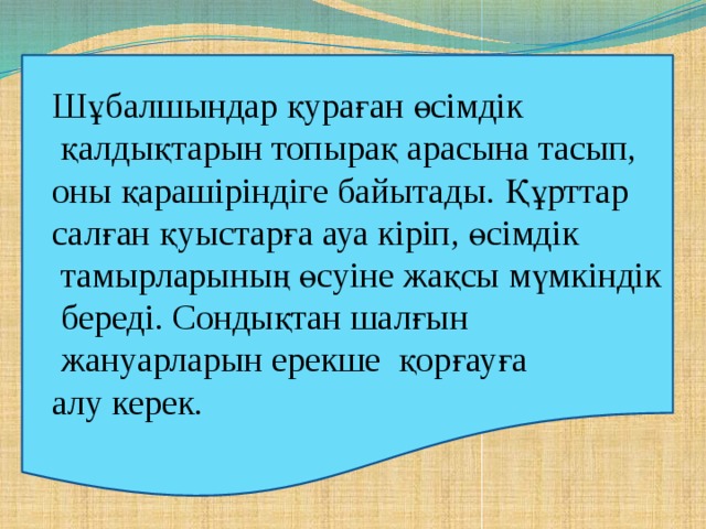 Шұбалшындар қураған өсімдік  қалдықтарын топырақ арасына тасып, оны қарашіріндіге байытады. Құрттар салған қуыстарға ауа кіріп, өсімдік  тамырларының өсуіне жақсы мүмкіндік  береді. Сондықтан шалғын  жануарларын ерекше қорғауға алу керек.