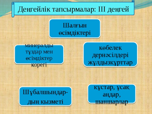 Деңгейлік тапсырмалар: ІІІ деңгей Шалғын өсімдіктері көбелек дернәсілдері жұлдызқұрттар минералды тұздар мен өсімдіктер қорегі құстар, ұсақ аңдар, шаншарлар Шұбалшындар- дың қызметі