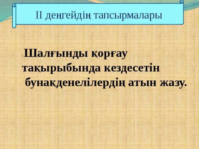 ІІ деңгейдің тапсырмалары : Шалғынды қорғау тақырыбында кездесетін  бунақденелілердің атын жазу.