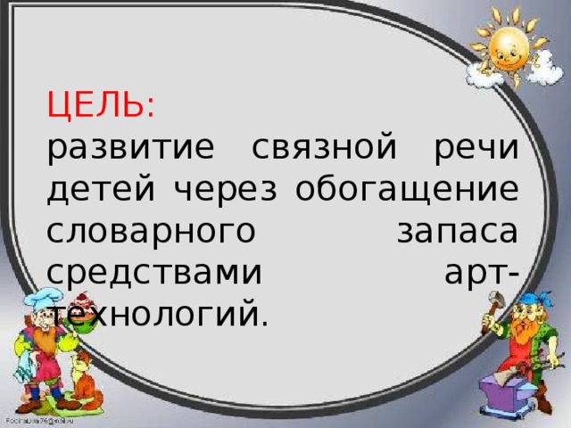 ЦЕЛЬ:  развитие связной речи детей через обогащение словарного запаса средствами арт-технологий.