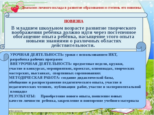 Диапазон личного вклада в развитие образования и степень его новизны   НОВИЗНА  В младшем школьном возрасте развитие творческого воображения ребёнка должно идти через постепенное обогащение опыта ребёнка, насыщение этого опыта новыми знаниями о различных областях действительности.    УРОЧНАЯ ДЕЯТЕЛЬНОСТЬ: уроки с использованием ИКТ,  разработка рабочих программ  ВНЕУРОЧНАЯ ДЕЯТЕЛЬНОСТЬ: предметные недели, кружки, участие в конкурсах, мероприятиях, проектах, олимпиадах, творческих мастерских, выставках, спортивных соревнованиях МЕТОДИЧЕСКАЯ РАБОТА: создание дидактической базы, обобщение и распространение педагогического опыта, участие в педагогических чтениях, публикации работ, участие в экспериментальной  площадке РЕЗУЛЬТАТЫ:  Приобретение нового опыта, появление новых качеств личности ребенка, закрепление и повторение учебного материала  :