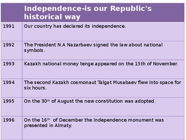 Independence-is our Republic's historical way 1991 1992 Our country has declared its independence. 1993 The President N.A Nazarbaev signed the law about national symbols. Kazakh national money tenge appeared on the 15th of November. 1994 1995 The second Kazakh cosmonaut Talgat Musabaev flew into space for six hours. On the 30 th of August the new constitution was adopted. 1996 On the 16 th of December the Independence monument was presented in Almaty.