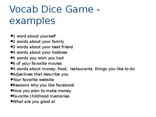 Vocab Dice Game - examples