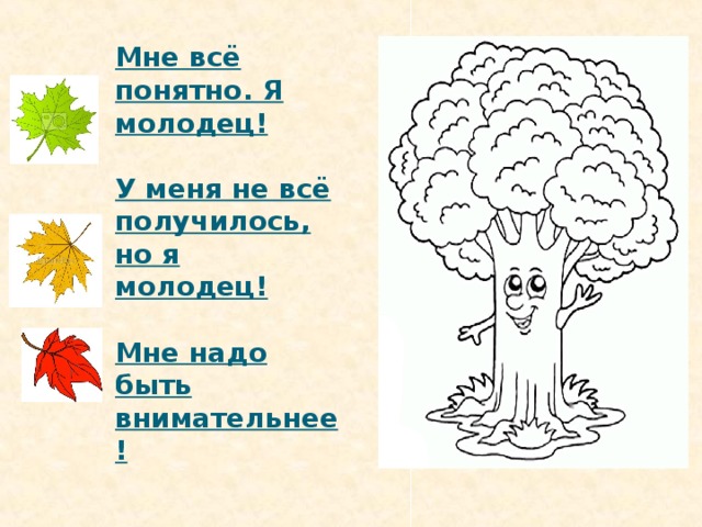 Мне всё понятно. Я молодец!   У меня не всё получилось, но я молодец!   Мне надо быть внимательнее! .