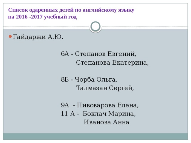 Список одаренных детей по английскому языку  на 2016 -2017 учебный год Гайдаржи А.Ю.    6А - Степанов Евгений,  Степанова Екатерина,    8Б - Чорба Ольга,  Талмазан Сергей,    9А - Пивоварова Елена,  11 А - Боклач Марина,  Иванова Анна