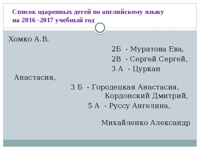 Список одаренных детей по английскому языку  на 2016 -2017 учебный год Хомко А.В.  2Б - Муратова Ева,  2В - Сергей Сергей,  3 А - Цуркан Анастасия,  3 Б - Городецкая Анастасия, Кордонский Дмитрий,  5 А - Руссу Ангелина, Михайленко Александр