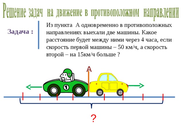 Из пункта А одновременно в противоположных направлениях выехали две машины. Какое расстояние будет между ними через 4 часа, если скорость первой машины – 50 км/ч, а скорость второй – на 15км/ч больше ? Задача : А ?