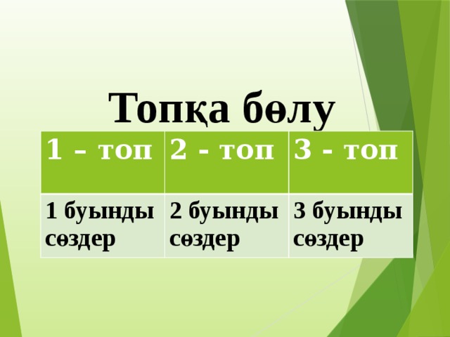 Топқа бөлу 1 – топ 2 - топ 1 буынды сөздер 3 - топ 2 буынды сөздер 3 буынды сөздер