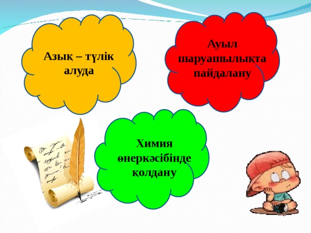 Ауыл шаруашылықта пайдалану Азық – түлік алуда Химия өнеркәсібінде қолдану