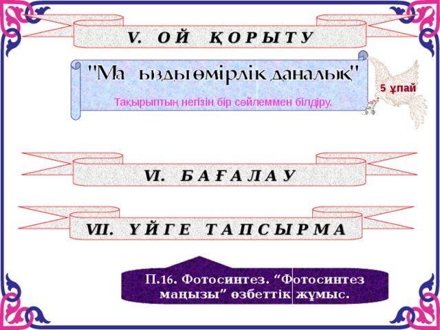 V . О Й Қ О Р Ы Т У 5 ұпай Тақырыптың негізін бір сөйлеммен білдіру. V І. Б А Ғ А Л А У V ІІ. Ү Й Г Е Т А П С Ы Р М А П. 16 . Фотосинтез. “Фотосинтез маңызы” өзбеттік жұмыс.