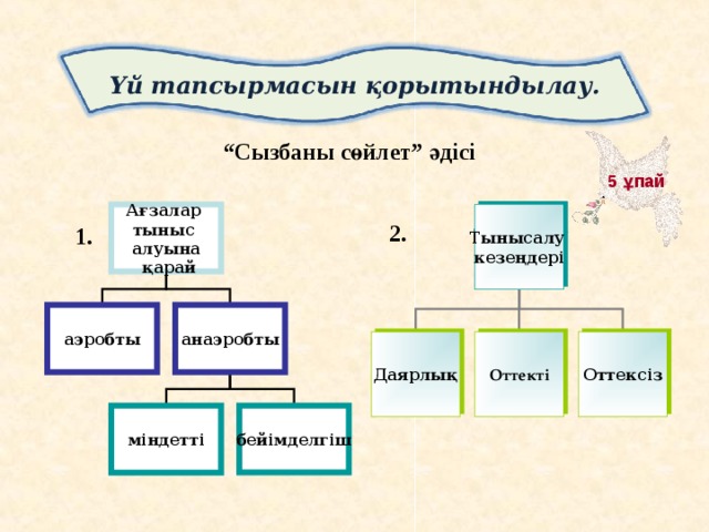 Үй тапсырмасын қорытындылау. “ Сызбаны сөйлет” әдісі 5 ұпай Тынысалу кезеңдері Ағзалар тыныс алуына  қарай 2. 1. анаэробты аэробты Даярлық Оттекті Оттексіз міндетті бейімделгіш