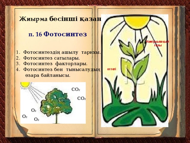 Жиырма бесінші қазан.  п. 16 Фотосинтез Көмірқышқыл газы Фотосинтездің ашылу тарихы. Фотосинтез сатылары. Фотосинтез факторлары. Фотосинтез бен тынысалудың  өзара байланысы. оттегі CO 2 CO 2 O 2 O 2 O 2