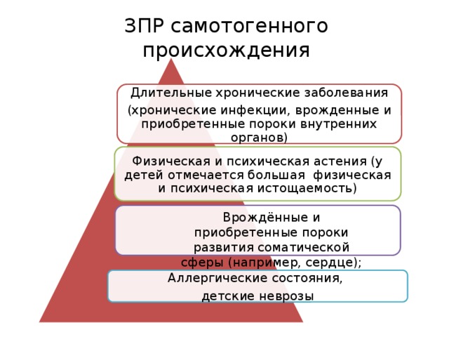 ЗПР самотогенного происхождения Длительные хронические заболевания (хронические инфекции, врожденные и приобретенные пороки внутренних органов) Физическая и психическая астения (у детей отмечается большая физическая и психическая истощаемость) Врождённые и приобретенные пороки развития соматической сферы (например, сердце);   Аллергические состояния, детские неврозы