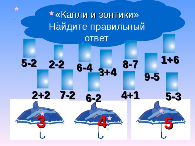 « Капли и зонтики » Найдите правильный ответ  1+6 5-2 8-7 2-2 6-4 3+4 9-5 2+2 4+1 7-2 5-3 6-2 3 4 5