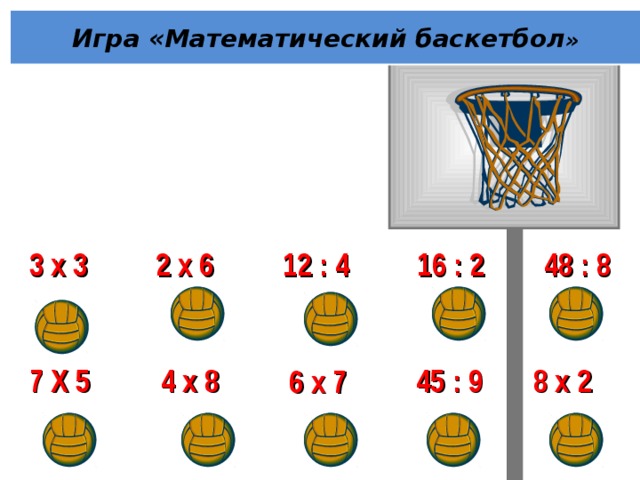Игра «Математический баскетбол » 4 8 : 8 3 х 3 2 х 6 12 : 4 1 6 : 2 7 Х 5 45 : 9 4 х 8 8 х 2 6 х 7