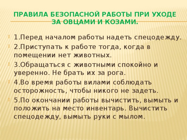 Правила безопасной работы при уходе за овцами и козами.