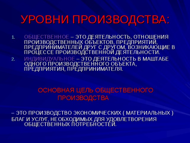 УРОВНИ ПРОИЗВОДСТВА: ОБЩЕСТВЕННОЕ – ЭТО ДЕЯТЕЛЬНОСТЬ, ОТНОШЕНИЯ ПРОИЗВОДСТВЕННЫХ ОБЪЕКТОВ, ПРЕДПРИЯТИЙ, ПРЕДПРИНИМАТЕЛЕЙ ДРУГ С ДРУГОМ, ВОЗНИКАЮЩИЕ В ПРОЦЕССЕ ПРОИЗВОДСТВЕННОЙ ДЕЯТЕЛЬНОСТИ. ИНДИВИДУАЛЬНОЕ – ЭТО ДЕЯТЕЛЬНОСТЬ В МАШТАБЕ ОДНОГО ПРОИЗВОДСТВЕННОГО ОБЪЕКТА, ПРЕДПРИЯТИЯ, ПРЕДПРИНИМАТЕЛЯ.  ОСНОВНАЯ ЦЕЛЬ ОБЩЕСТВЕННОГО  ПРОИЗВОДСТВА – ЭТО ПРОИЗВОДСТВО ЭКОНОМИЧЕСКИХ ( МАТЕРИАЛЬНЫХ ) БЛАГ И УСЛУГ, НЕОБХОДИМЫХ ДЛЯ УДОВЛЕТВОРЕНИЯ ОБЩЕСТВЕННЫХ ПОТРЕБНОСТЕЙ.