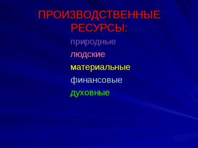 ПРОИЗВОДСТВЕННЫЕ РЕСУРСЫ:  природные  людские  материальные  финансовые  духовные