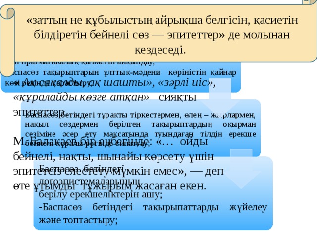 «заттың не құбылыстың айрықша белгісін, қасиетін білдіретін бейнелі сөз — эпитеттер» де молынан кездеседі. Баспасөз бетіндегі тақырыптардың қолданылу ерекшелігі мен прагматикалық қызметін айқындау; Баспасөз тақырыптарын ұлттық-мәдени көріністің қайнар көзі ретінде қарастыру; « Ақ сақалды, ақ шашты», «зәрлі иіс», «құралайды көзге атқан» сияқты эпитеттер. М. Балақаев бір еңбегінде: «…  ойды бейнелі, нақты, шынайы көрсету үшін эпитетсіз елестету мүмкін емес», — деп өте ұтымды  тұжырым жасаған екен. Баспасөз бетіндегі тұрақты тіркестермен, өлең – жырлармен, нақыл сөздермен берілген тақырыптардың оқырман  сезіміне әсер ету мақсатында туындаған тілдің ерекше бейнелі құралы ретінде сипаттау; Баспасөз бетіндегі логоэпистемаларының берілу ерекшеліктерін ашу; -Баспасөз бетіндегі тақырыпаттарды жүйелеу және топтастыру;