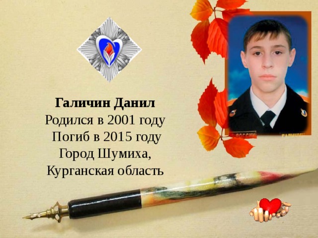 Галичин Данил Родился в 2001 году  Погиб в 2015 году Город Шумиха, Курганская область