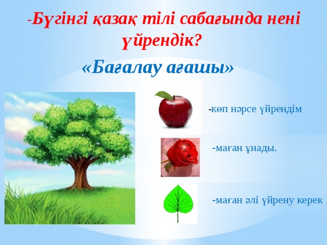 - Бүгінгі қазақ тілі сабағында нені үйрендік? «Бағалау ағашы»  - көп нәрсе үйрендім  -маған ұнады.  -маған әлі үйрену керек