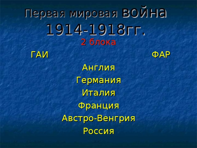 Первая мировая война  1914-1918гг. 2 блока  ГАИ ФАР Англия Германия Италия Франция Австро-Венгрия Россия