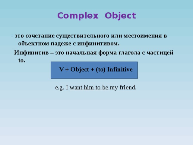 Complex Object - это сочетание существительного или местоимения в объектном падеже с инфинитивом.  Инфинитив – это начальная форма глагола с частицей to. V + Object + (to) Infinitive e.g. I want him to be my friend.