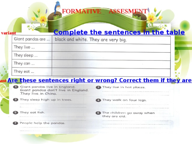ASSESMENT FORMATIVE I variant Complete the sentences in the table II variant Are these sentences right or wrong? Correct them if they are wrong