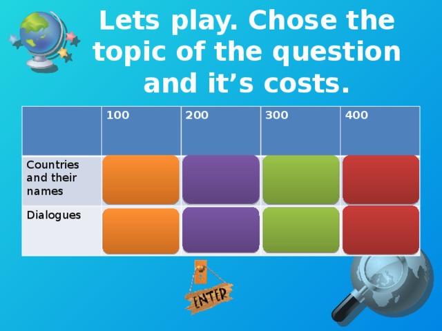 Lets play. Chose the topic of the question and it’s costs. 100 Countries and their names 200 Dialogues 300 400