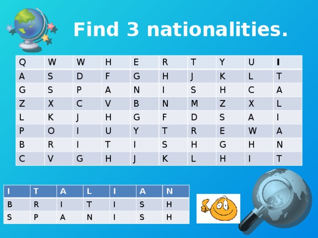 Find 3 nationalities. Q W A S G W Z D S H X F L E P K A C P G R O V H T J B N C R H I J I B Y U V K N I U S G H L F Y G I T M H T T Z D I C X J S S A R E K L H A I G W L H A H I N T I B T S A R I L P I T A I A N N S I H S H