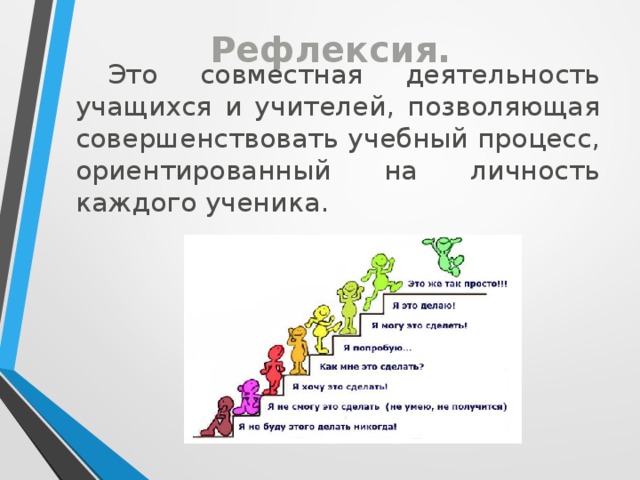 Рефлексия.  Это совместная деятельность учащихся и учителей, позволяющая совершенствовать учебный процесс, ориентированный на личность каждого ученика.