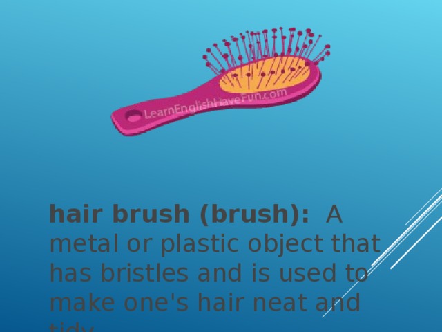 hair brush (brush):   A metal or plastic object that has bristles and is used to make one's hair neat and tidy.