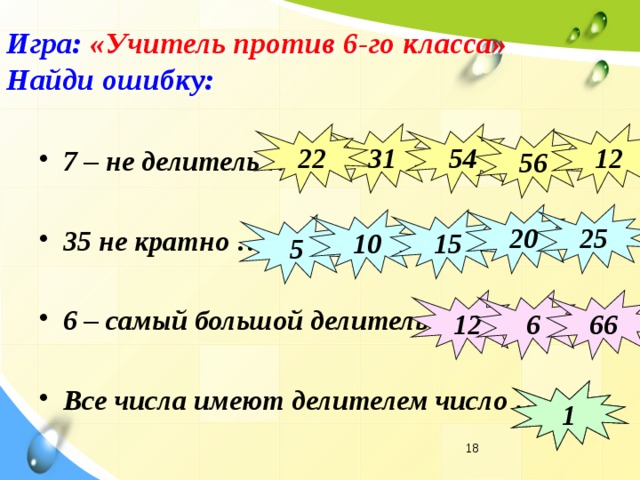 Игра: «Учитель против 6-го класса»  Найди ошибку: 31 12 54 22 56 7 – не делитель …  35 не кратно …  6 – самый большой делитель …  Все числа имеют делителем число … 25 20 15 10 5 12 6 66 10 1