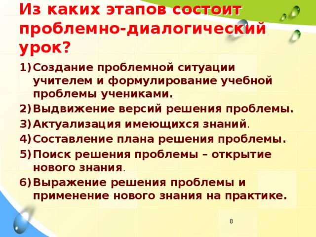 Из каких этапов состоит  проблемно-диалогический урок? Создание проблемной ситуации учителем и формулирование учебной проблемы учениками. Выдвижение версий решения проблемы. Актуализация имеющихся знаний . Составление плана решения проблемы. Поиск решения проблемы – открытие нового знания . Выражение решения проблемы и применение нового знания на практике.