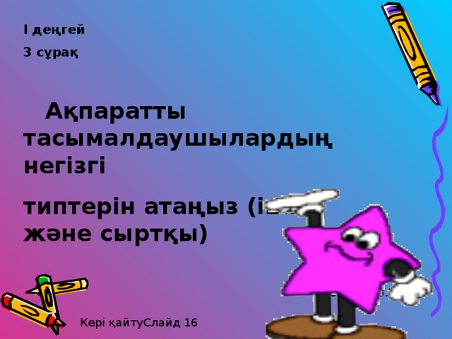 І деңгей 3 сұрақ   Ақпаратты тасымалдаушылардың негізгі типтерін атаңыз (ішкі және сыртқы) Қатқыл диск, иілгіш диск, CD,DVD,3.5А, Кері қайтуСлайд 16