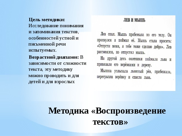 Цель методики: Исследование понимания и запоминания текстов, особенностей устной и письменной речи испытуемых.  Возрастной диапазон: В зависимости от сложности текста, эту методику можно проводить и для детей и для взрослых Методика «Воспроизведение текстов»