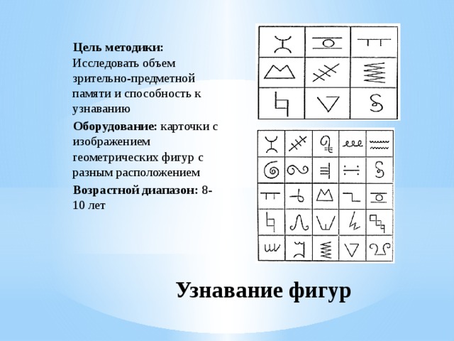 Цель методики: Исследовать объем зрительно-предметной памяти и способность к узнаванию  Оборудование: карточки с изображением геометрических фигур с разным расположением  Возрастной диапазон: 8-10 лет Узнавание фигур