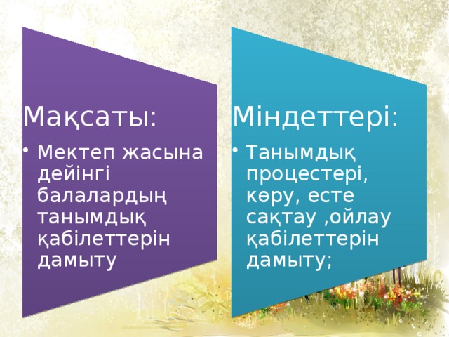 Мақсаты: Мектеп жасына дейінгі балалардың танымдық қабілеттерін дамыту Мектеп жасына дейінгі балалардың танымдық қабілеттерін дамыту Міндеттері: