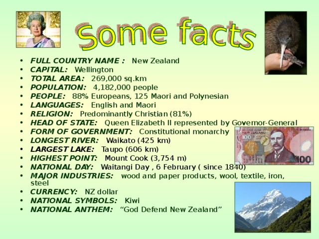 FULL COUNTRY NAME : New Zealand CAPITAL: Wellington TOTAL AREA: 269,000 sq.km POPULATION: 4,182,000 people PEOPLE: 88% Europeans, 125 Maori and Polynesian LANGUAGES: English and Maori RELIGION: Predominantly Christian (81%) HEAD OF STATE: Queen Elizabeth II represented by Governor-General FORM OF G O VERNMENT : Constitutional monarchy LONGEST RIVER:  Waikato  (425 km) LARGEST LAKE: Taupo (606 km) HIGHEST POINT:  Mount Cook  (3,754 m) NATIONAL DAY:  Waitangi Day , 6 February ( since 1840) MAJOR INDUSTRIES: wood and paper products, wool, textile, iron, steel CURRENCY: NZ dollar NATIONAL SYMBOLS: Kiwi NATIONAL ANTHEM: “God Defend New Zealand”